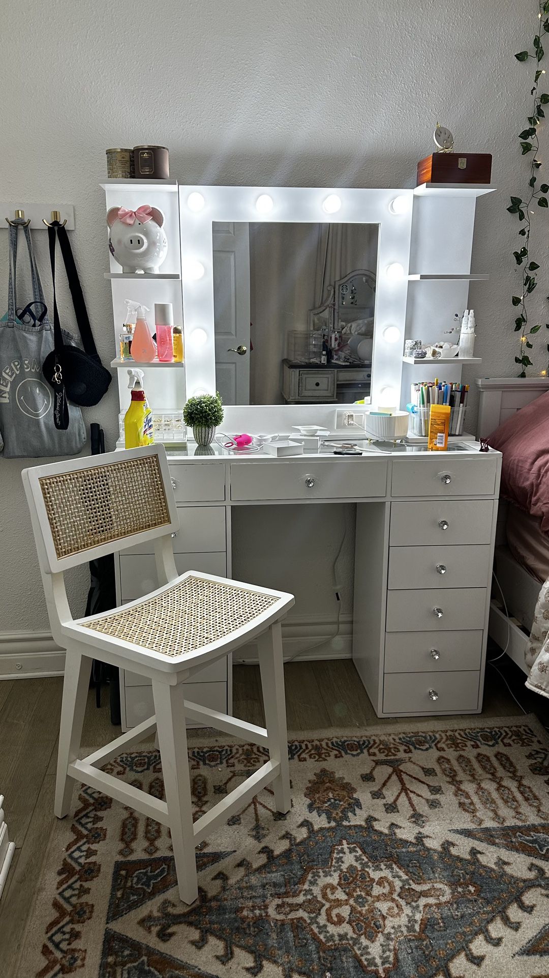 White 48in vanity with small shelves 