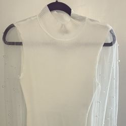 White Dress w Pearl Mesh Sleeves - Adult Size Large 