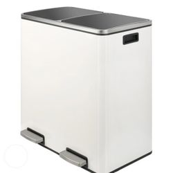 Kitchen Step Trash Can, 60L White Stainless Steel Recycle Bin, Dual Garbage Can With Lid