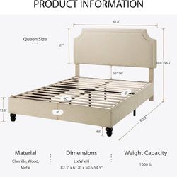 Queen Chenille Upholstered Platform Bed Frame, Beige 50.6"-54.5" Height Adjustable Minimalist Chenille Headboard, Strong Support, Noise-Free, No Box S