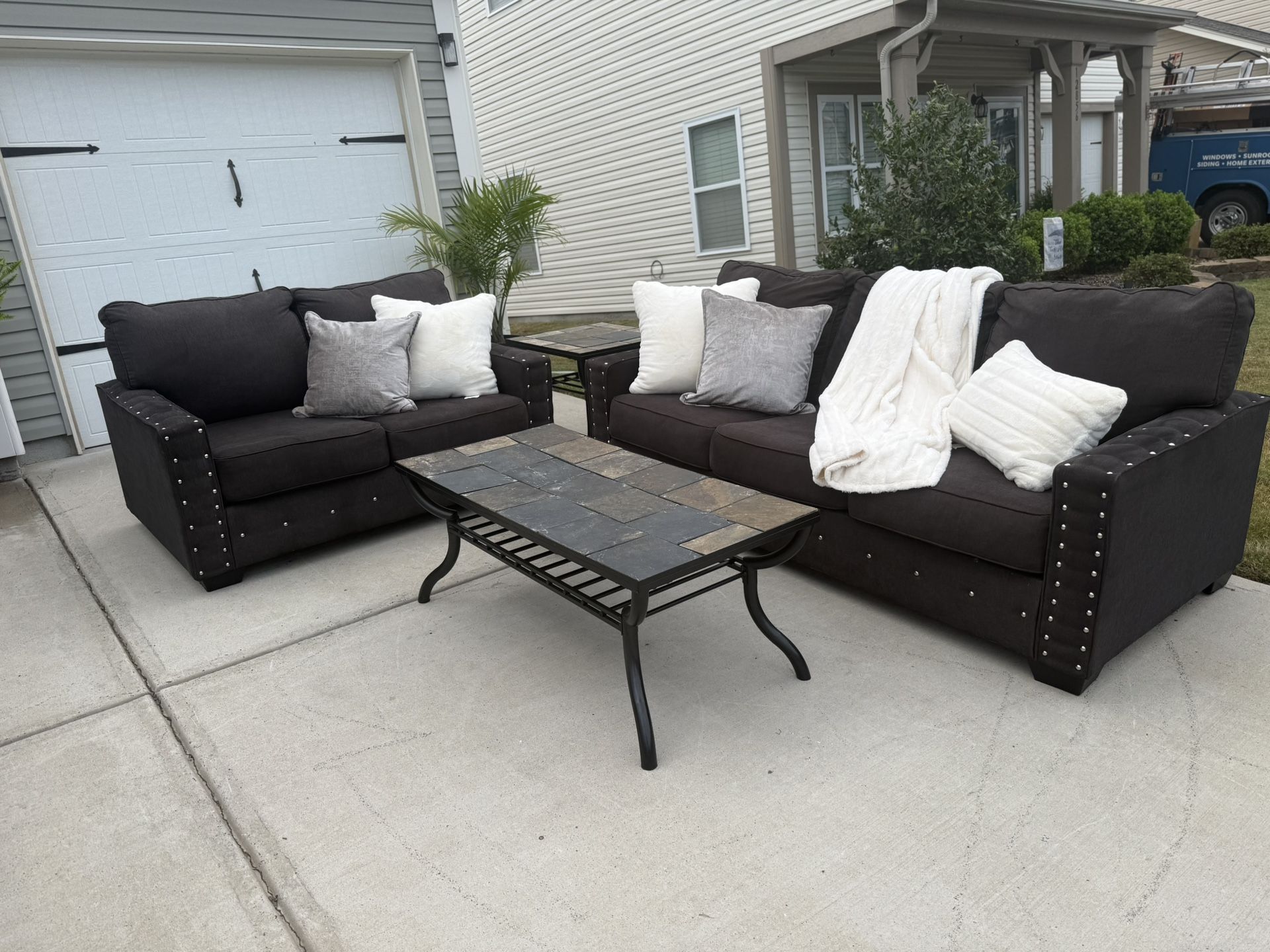Gray Sofa and Loveseat with Coffee Table and Side Table