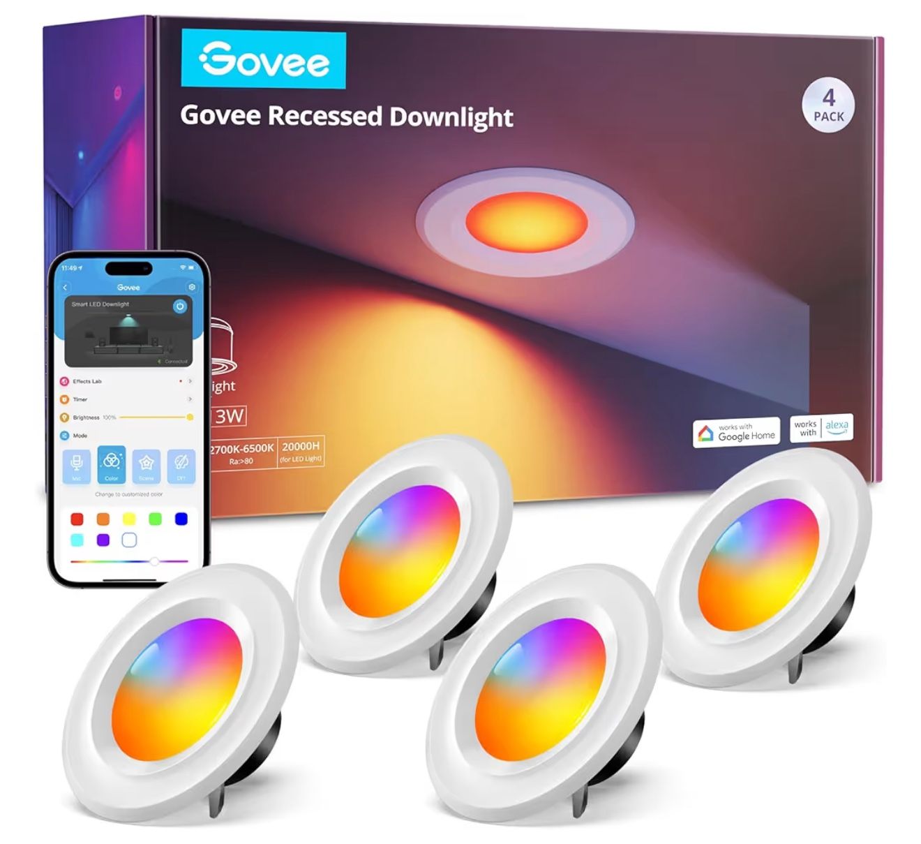 Govee Smart Retrofit Recessed Lighting 6 Inch, Wi-Fi Bluetooth Direct Connect RGBWW Retrofit Can Lights, 65 Scene Modes, Works with Alexa & Google Ass