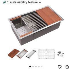 Dcolora 33 in. Undermount Single Bowl Workstation Stainless Steel Kitchen Sink 16 Gauge 304 Handmade Welding with Accessories, Round Corner 33"x19"x10