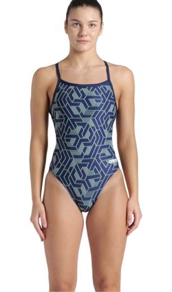 Arena Womens Arena Performance Women's Escape Team Print Challenge Back Ladies Training Swimsuit  Color: Navy/Team Blue Green Size: 30  Fabric type 10