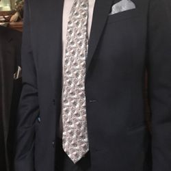 Prada Blue, black and silver Neck Tie. Silk  100%. Made in Italy. Pre loved