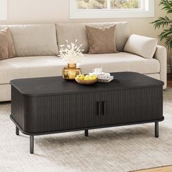 47.2" Mid Century Modern Coffee Table With Sliding Tambour Door, Fluted Accent Center Table With Storage