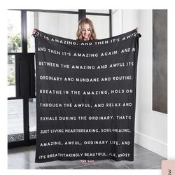 50” x 60” Machine Washable Luxe Throw - LIFE IS AMAZING - Ivory and Navy, NEW