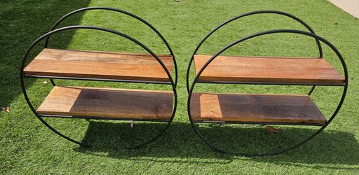 Round Metal and Wood Wall Shelves – Set of 2