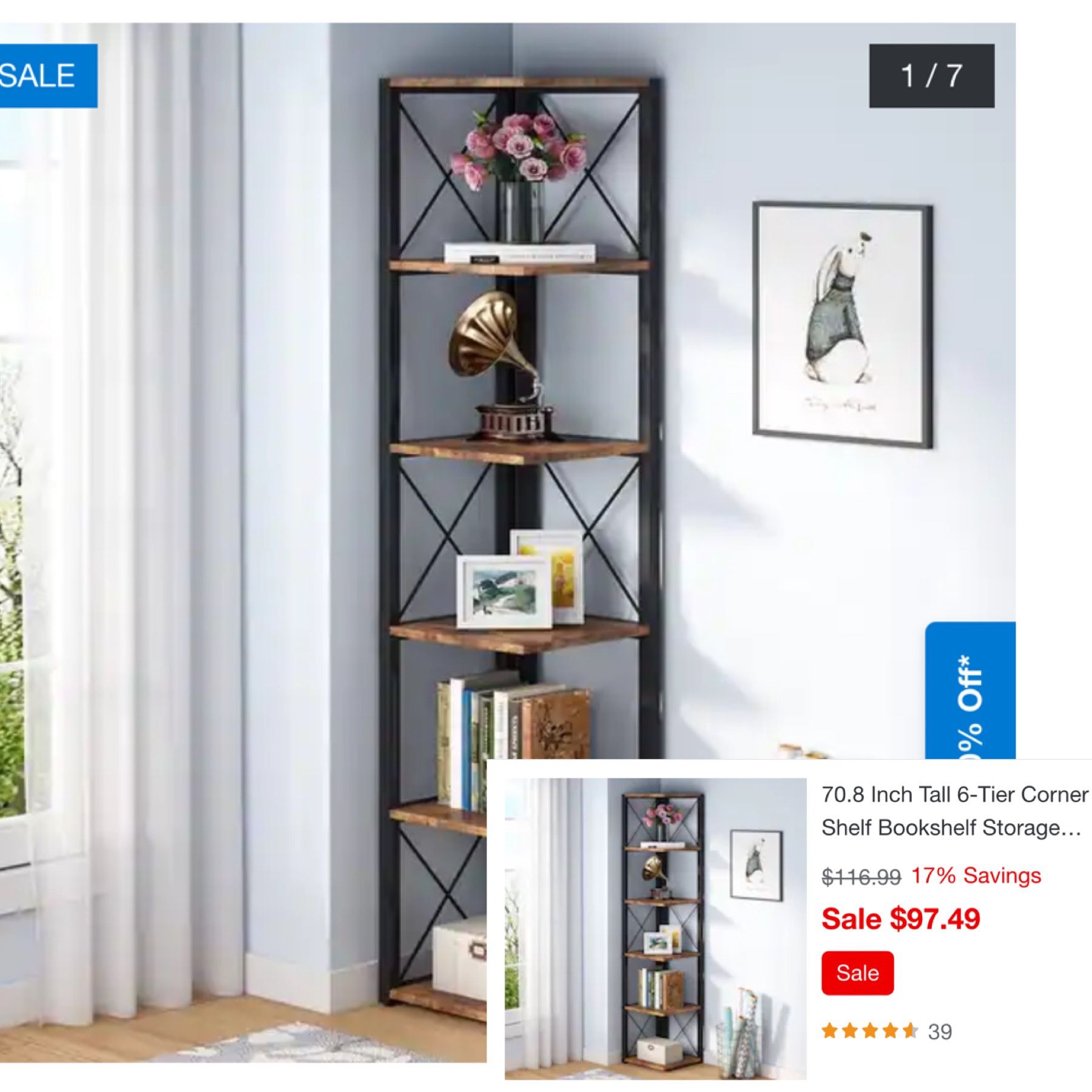 6-Tier Corner Shelf, 70.86" Corner Bookshelf Storage Etagere Bookcase