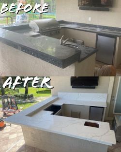 Granite kitchen Countertop . Encimera De Granito Cuarzo Mármol . Gabinetes De Madera . 