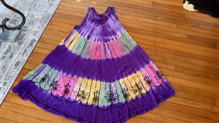 Boho Tie Dye Umbrella Dress - Embroidered Purple Multi Color - One Size