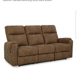 Signature Design by Ashley Edenwold Contemporary Faux Leather Manual Reclining Sofa, Dark Brown
