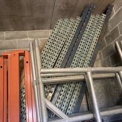 Warehouse 7 Interlake Mecalux Pallet Rack Tear Drop, Welded, Upright Frame 36"D x 144"H, Green 12ft x 36  300$ each side  Available side bars and shel