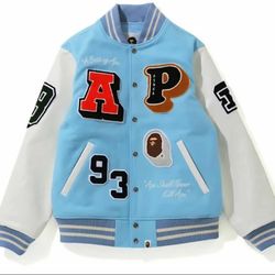 BAPE BABY BLUE VARSITY JACKET! A BATHING APE 