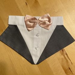 Brand New No Package Tuxedo Dog Bandana Gray With Light Pink Bowtie Size Large Adjustable Velcro