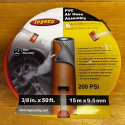 New Legacy 3/8” x 50 ft PVC Air Hose 200 PSI w/ Solid Brass Fittings