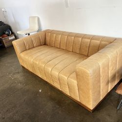 Forte 81" Channeled Saddle Leather Sofa With Walnut Base