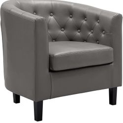 Naomi Home Emma Accent Chair Button Tufted Faux Leather Barrel Chair Midcentury Modern Accent Comfy Armchair Tub Barrel Chairs for Bedrooms Premium Ar