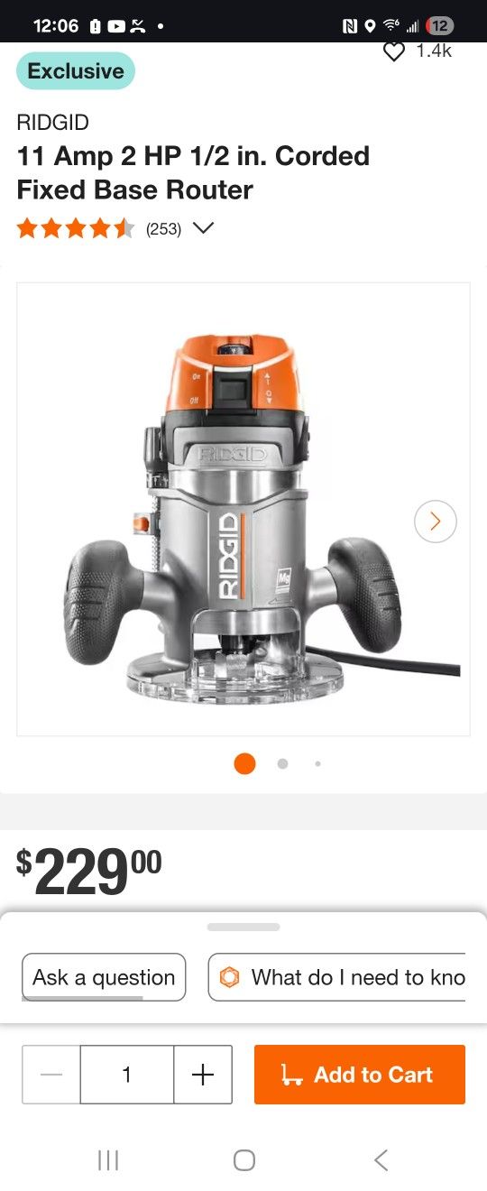 RIDGID 2 HP 1/2 In 11AMP Fixed Base Router
