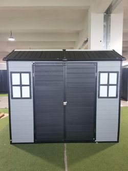 Upgraded 8x6ft Outdoor Resin Garden Shed with Floor and 2 Windows, Plastic Patio Outdoor Storage Shed with Lockable Door for Garden Tools, Bicycles, T