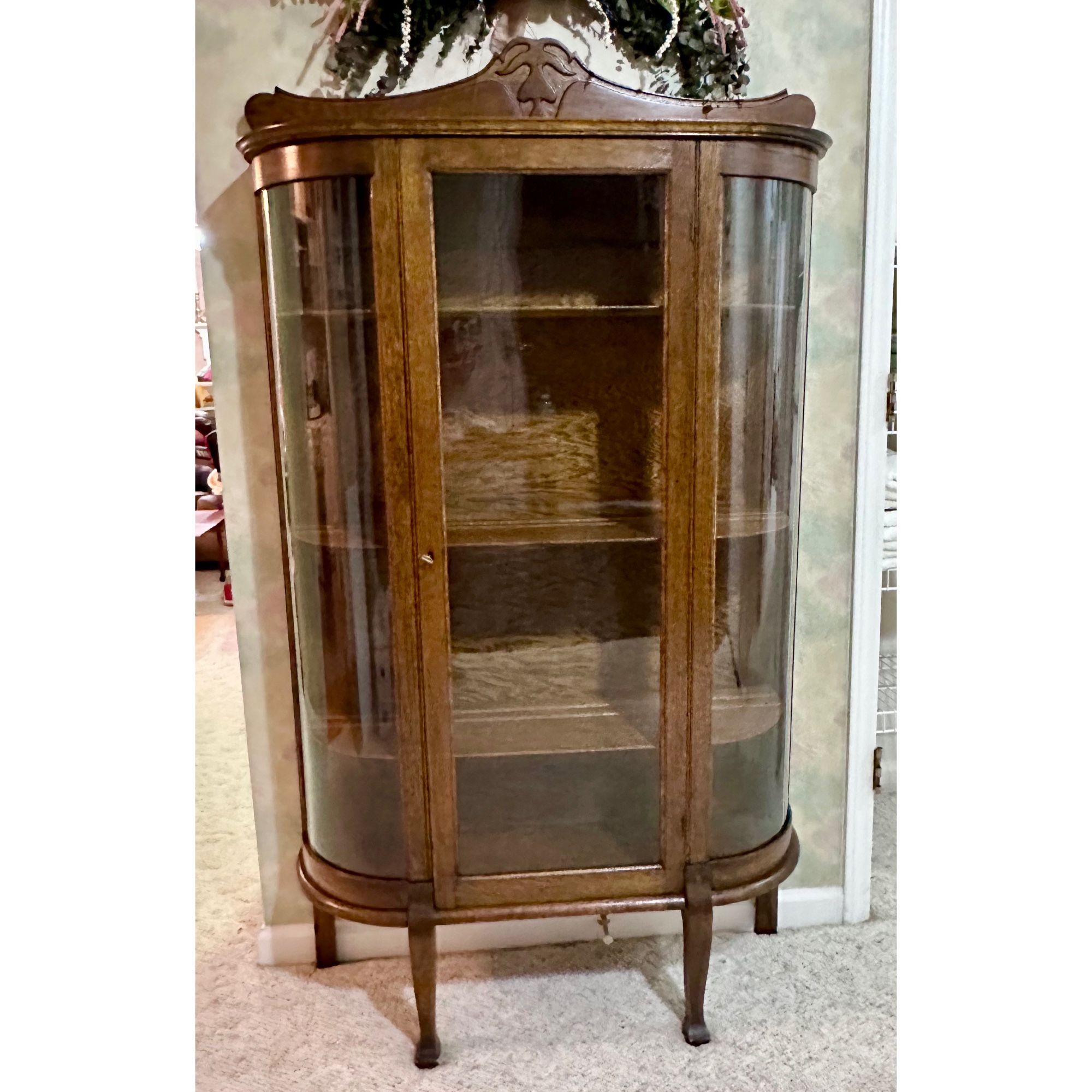 Antique China Cabinet - Oak Curved Glass China / Display Cabinet