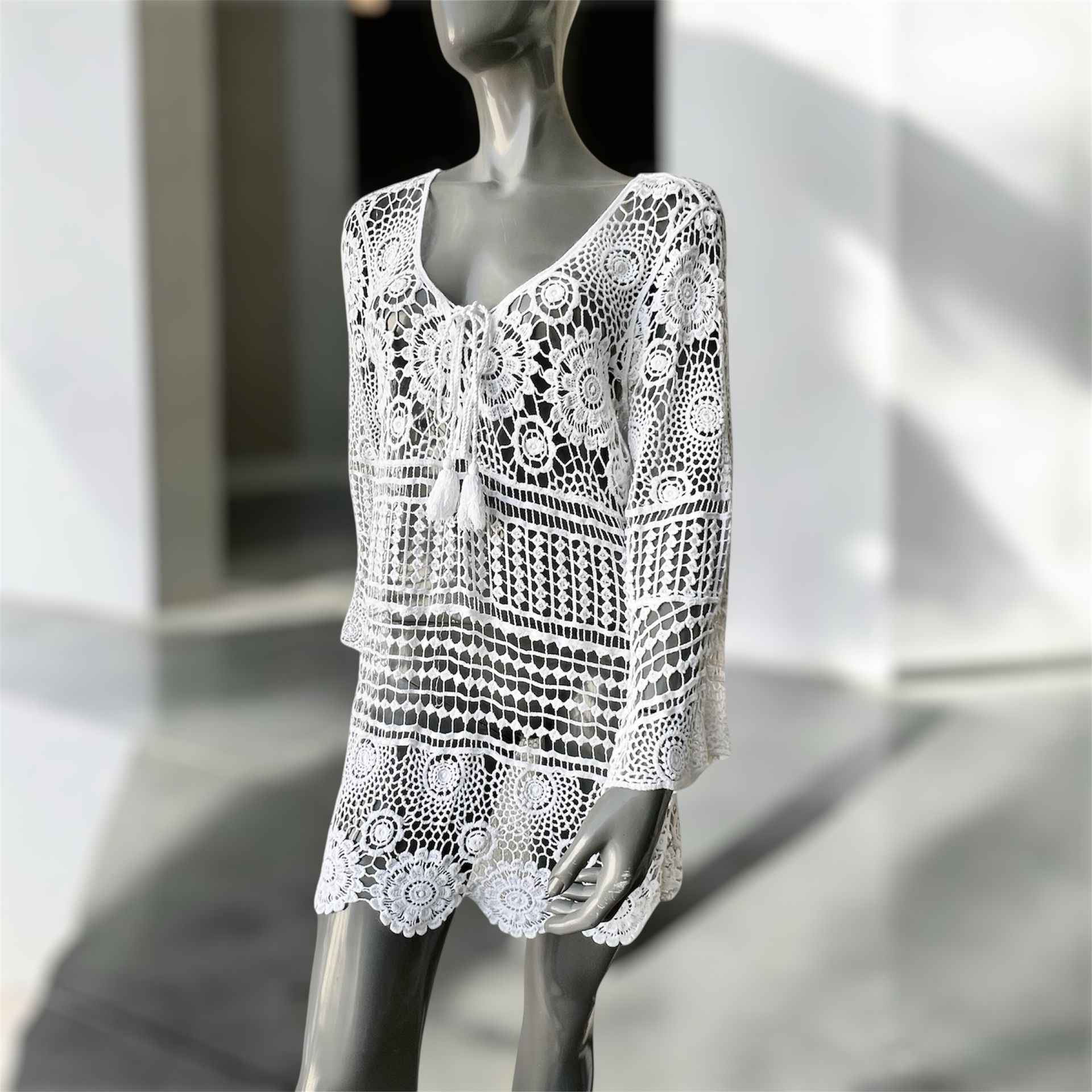 SHEIN Hollow Out Crochet Cover Up Dress White Medium Size Long Sleeves