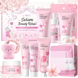 Cherry Blossom Skincare Gift Set, Facial Care Set with Essence Cream, Cleanser, Toner, Eye Cream, Mud Mask, Exfoliating Mask, Eye Mask, Toning Cream, 