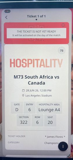 World Cup Luxury Hospitality Ticket to South Africa vs Canada June 28 12noon Center of the Field  at SoFi