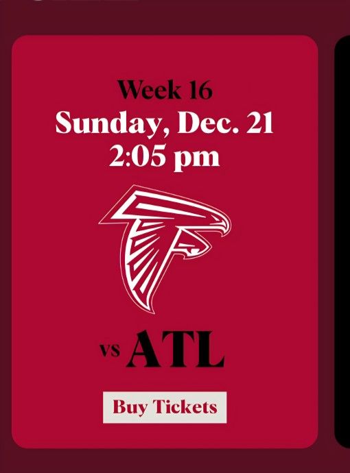 Cardinals vs Falcons Sunday December 21st Section 126 Row 14 Seats 5 & 6