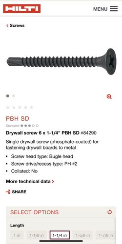 Hilti Drywall screw 6 x 1-1/4" PBH SD #84290