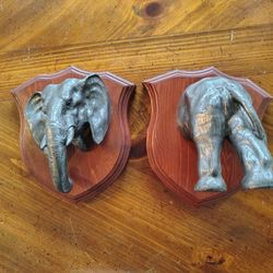 Pair of Vintage Cast Metal Elephant Head & Tail Mounted on Wooden Plaques