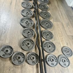 BOLLINGER VINTAGE Standard Set: 6 ft Bar, 4 ft Curl Bar, DB Bars and Cast Iron Weight plates: 25s, 10s, 5s and 2.5s (Total: 191 lbs)  
