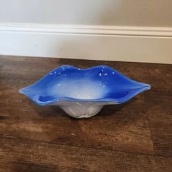 VTG 1960's Centerpiece Bowl Hand Blown Cased Glass Murano BLUE Optical Art Lips 