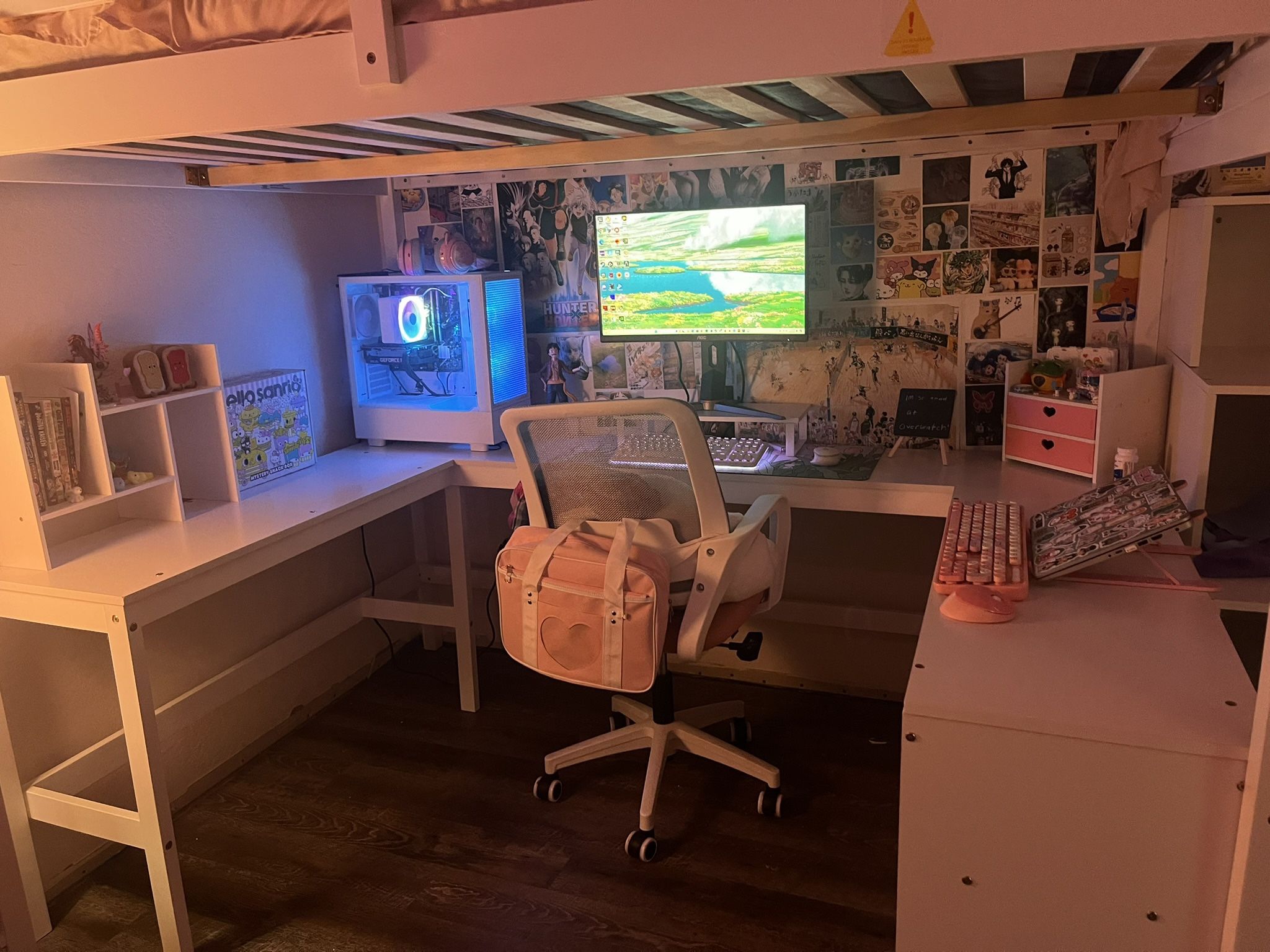 Full Size Loft Bed Frame with Stairs, Desk, and Shelves
