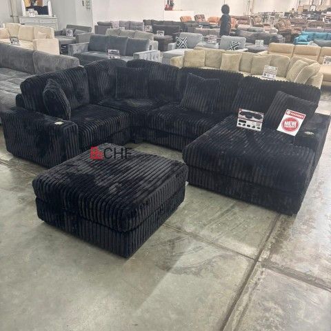 Black Corduroy Modular Sectional Sofa With Ottoman