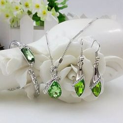 Fine jewelry 925 sterling silver suitable for ladies set, Glass shoes crystal green Necklace Earring bracelet Set  ‎‏ ‎‏Message me if you are interest