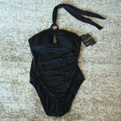 NWT Black Ralph Lauren Ring Halter Tie Neck One Piece Bathing Suit Ruching Sz 12