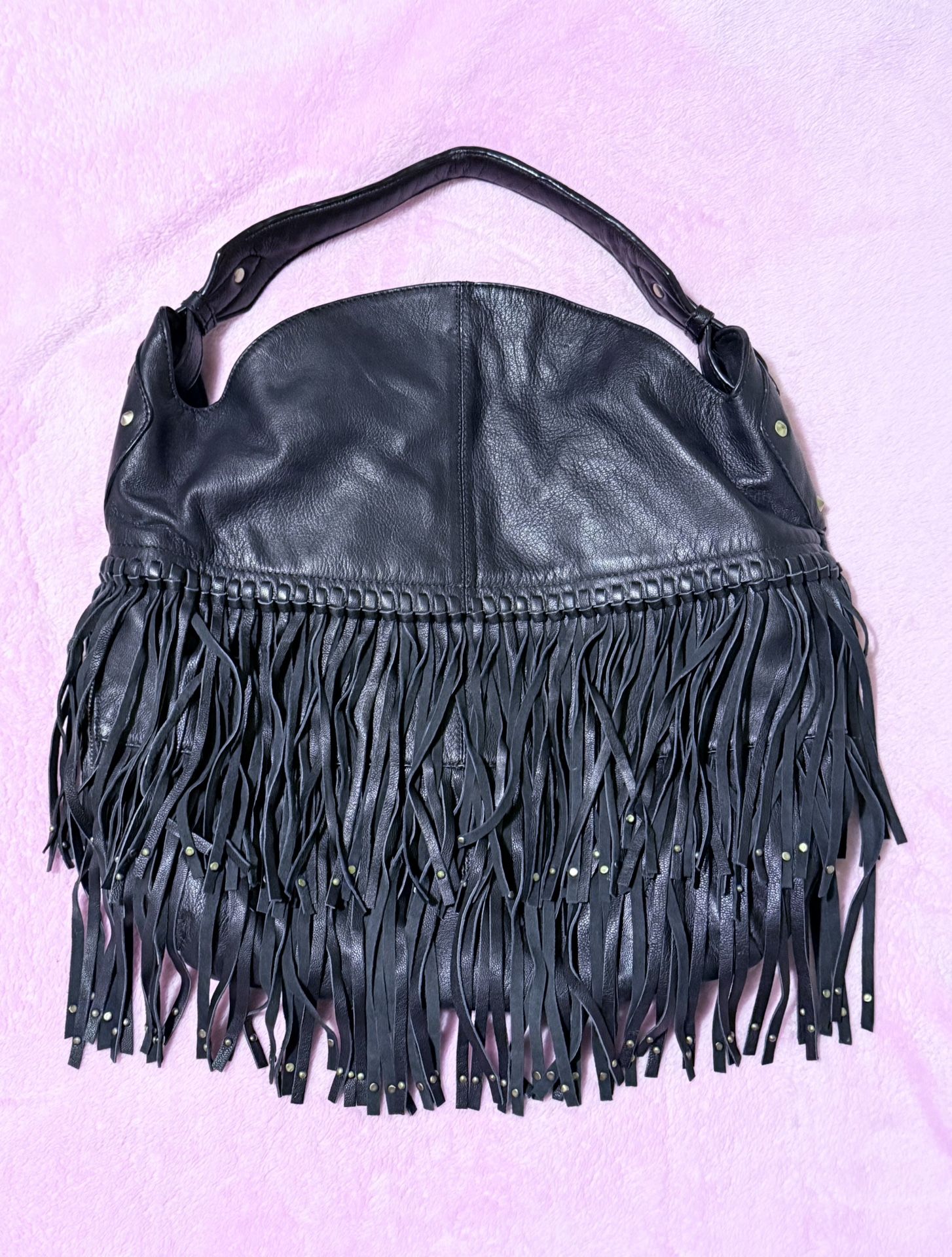 Leather Fringe Hand Bag (Black)