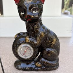Vintage Black and Gold Ceramic Cat Thermometer