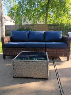 Coastal blue wicker patio sofa set - modern outdoor loveseat & glass coffee table ( delivery available)