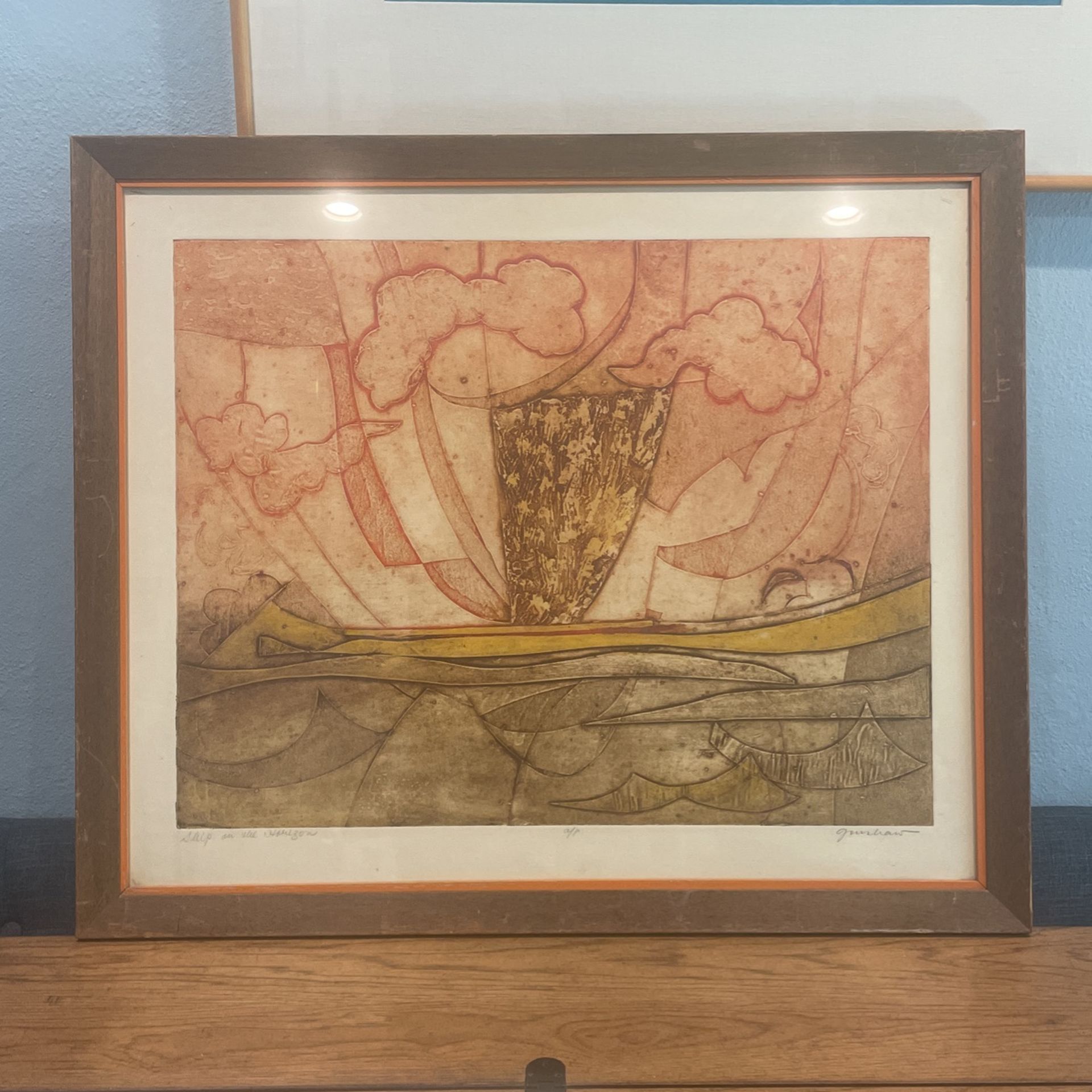 Framed Colored Engraving ‘Ship On The Horizon’