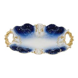 NY: Antique Flow Blue Porcelain Handled Relish Dish with Gold Gilt