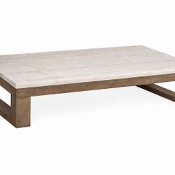 Modern Rustic Coffee Table – Stone Top & Solid Wood Base