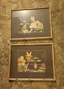 Framed Tropical Indonesian Bamboo/Straw Art