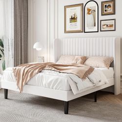 Clearance Full Size Velvet Bed Frame with Vertical Channel Tufted Wingback Headboard, Upholstered Platform Bed with Wood Slats, No Box Spring Needed, 