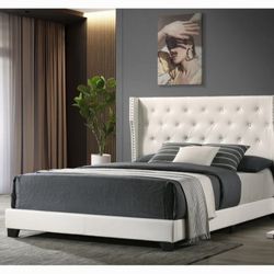 KING BED FRAME WITH TUFTED BUTTONS AND NAILHEAD TRIM ALONG THE WING'S EDGE  NEW IN THE BOX 