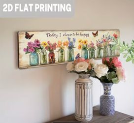 2D Flat, 1pc Country Style "Today I Choose Happiness" Wooden Wall Decor, Floral Mason Jar Design - Vintage Farmhouse Style, Suitable for Living Room, 
