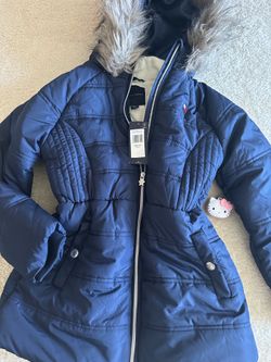 NWT Tommy Hilfiger Girls Navy Faux Fur Hood Puffer Winter Coat Size 10/12