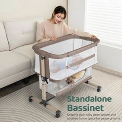 Bassinet Bedside Sleeper, Portable, Breathable, Adjustable Baby Bedside Bassinet for Peaceful Nights, Khaki  Color Khaki Brand Cowiewie Pro