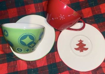 Starbucks Ceramic Christmas Coffee Cup & Saucer Set Red Green Holiday Four-Piece